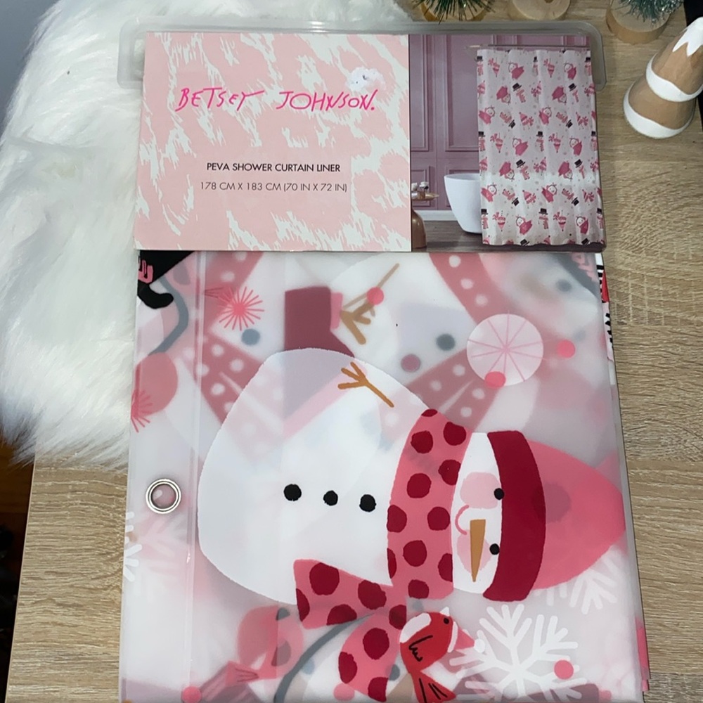 Betsey Johnson Jolly Pink Snowman Shower Curtain Liner NWT